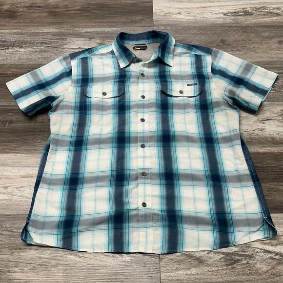 Eddie Bauer Shirt Travex Blue Men L Plaid Nylon Outdoor Button Hiking Fishing - Picture 2 of 10